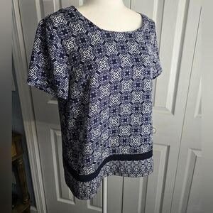 J. Crew Dark Navy Blue Floral Geometric Argyle Short Sleeve Blouse Medium